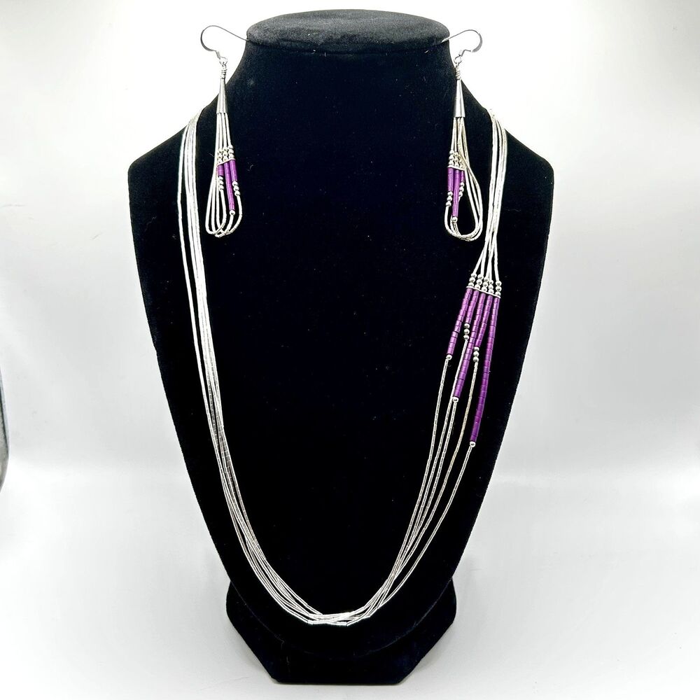 Heishi Bead Necklace and Earring Set Silver Vintage Navajo Liquid Purple Stone